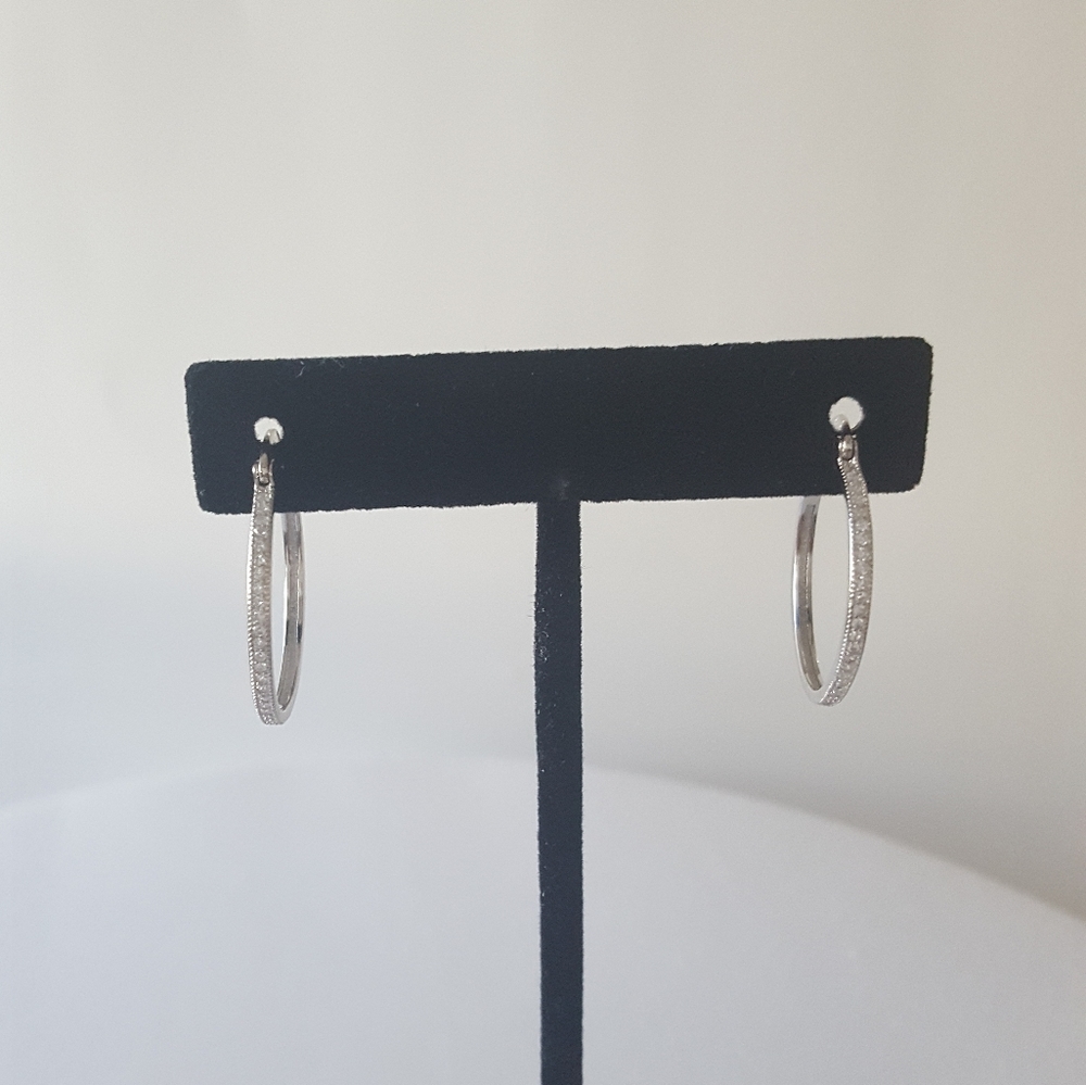 .925 Sterling Silver Cubic Zirconia Round Hoop Earrings 25mm New